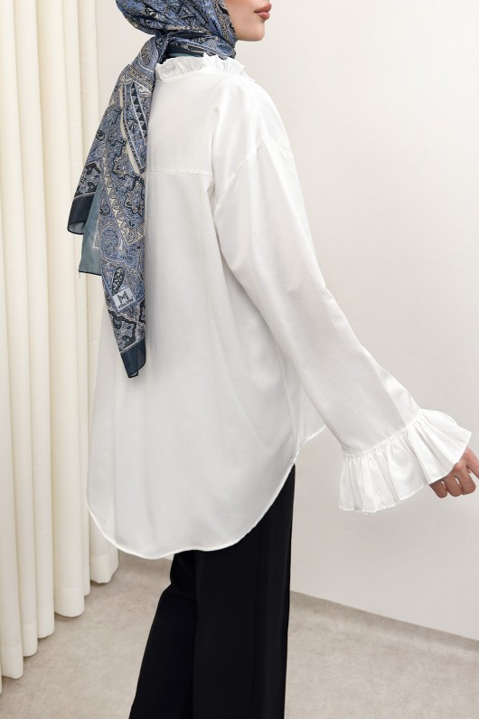 Fırfır Detaylı Oversize Gömlek 0057 - BEYAZ Fırfır Detaylı Oversize Gömlek 0057 - BEYAZ