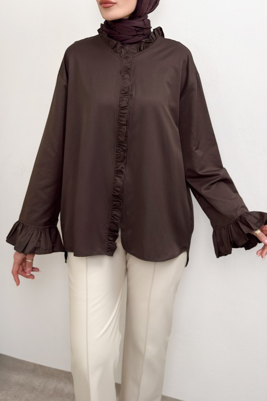 Fırfır Detaylı Oversize Gömlek 0057 - KAHVERENGİ