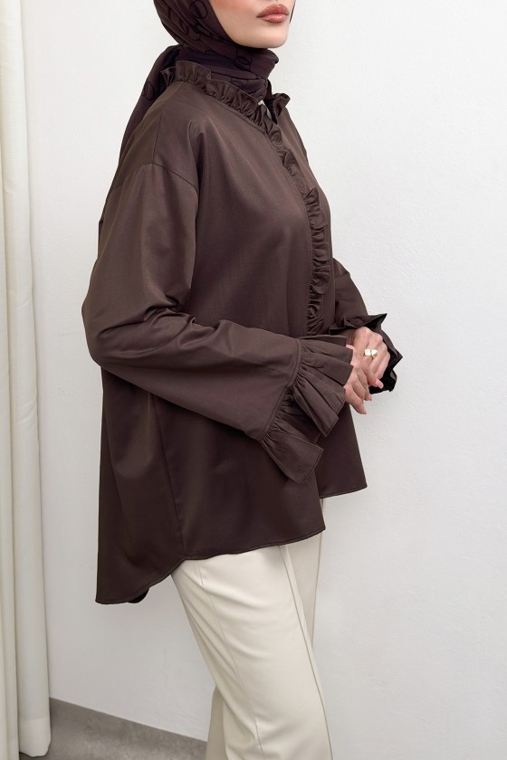 Fırfır Detaylı Oversize Gömlek 0057 - KAHVERENGİ