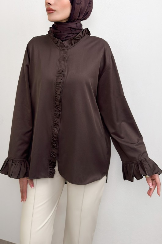 Fırfır Detaylı Oversize Gömlek 0057 - KAHVERENGİ