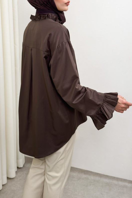 Fırfır Detaylı Oversize Gömlek 0057 - KAHVERENGİ