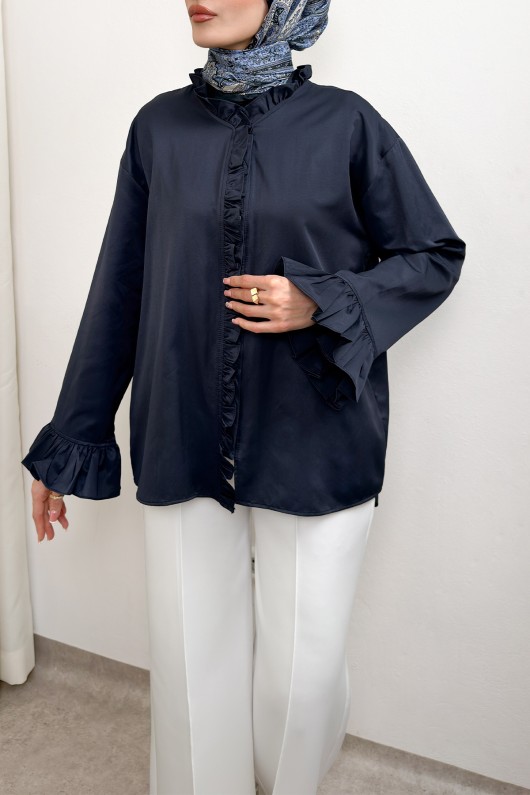 Fırfır Detaylı Oversize Gömlek 0057 - LACİVERT Fırfır Detaylı Oversize Gömlek 0057 - LACİVERT