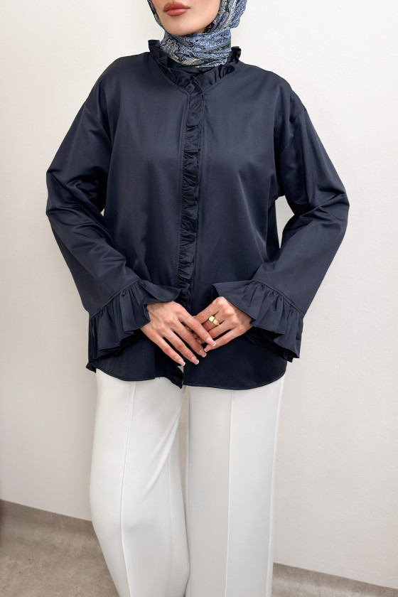 Fırfır Detaylı Oversize Gömlek 0057 - LACİVERT