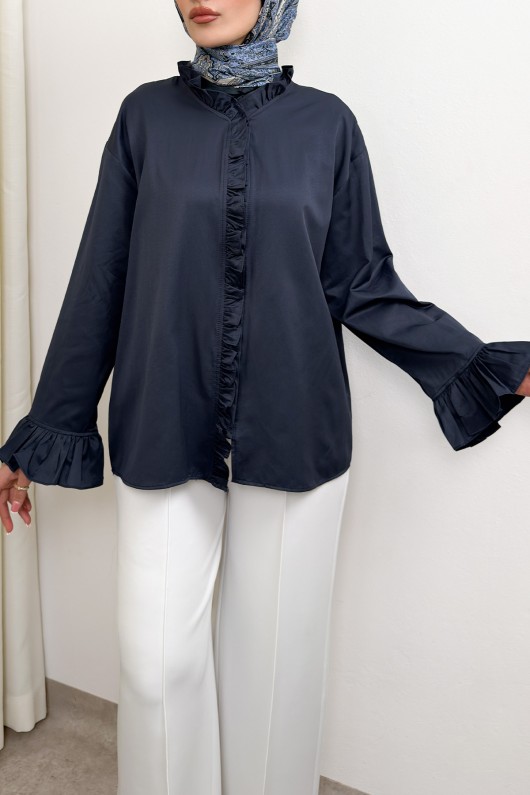 Fırfır Detaylı Oversize Gömlek 0057 - LACİVERT Fırfır Detaylı Oversize Gömlek 0057 - LACİVERT