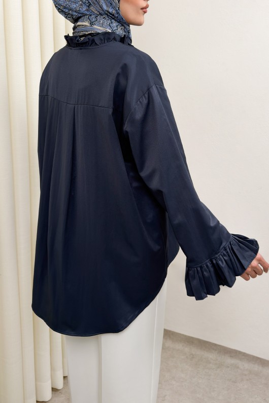 Fırfır Detaylı Oversize Gömlek 0057 - LACİVERT Fırfır Detaylı Oversize Gömlek 0057 - LACİVERT