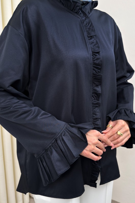 Fırfır Detaylı Oversize Gömlek 0057 - LACİVERT Fırfır Detaylı Oversize Gömlek 0057 - LACİVERT