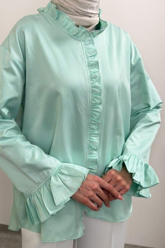 Fırfır Detaylı Oversize Gömlek 0057 - MİNT YEŞİLİ Fırfır Detaylı Oversize Gömlek 0057 - MİNT YEŞİLİ