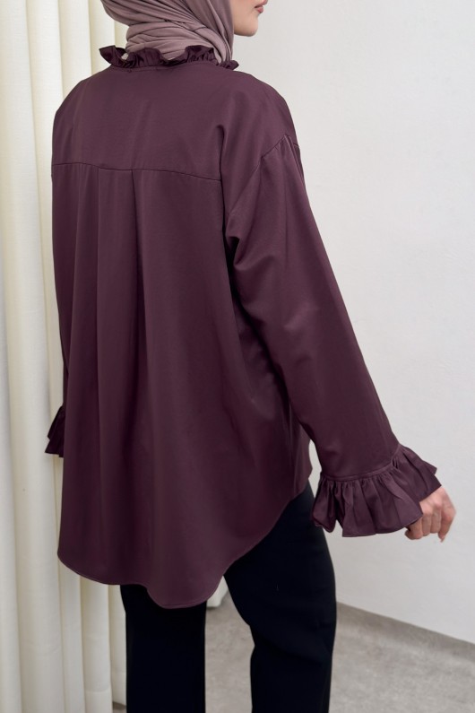 Fırfır Detaylı Oversize Gömlek 0057 - MÜRDÜM Fırfır Detaylı Oversize Gömlek 0057 - MÜRDÜM