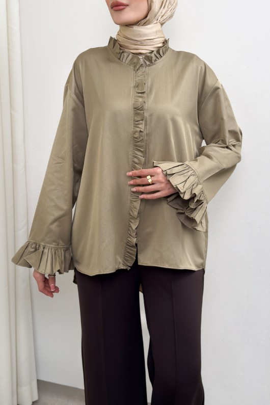 Fırfır Detaylı Oversize Gömlek 0057 - VİZON Fırfır Detaylı Oversize Gömlek 0057 - VİZON