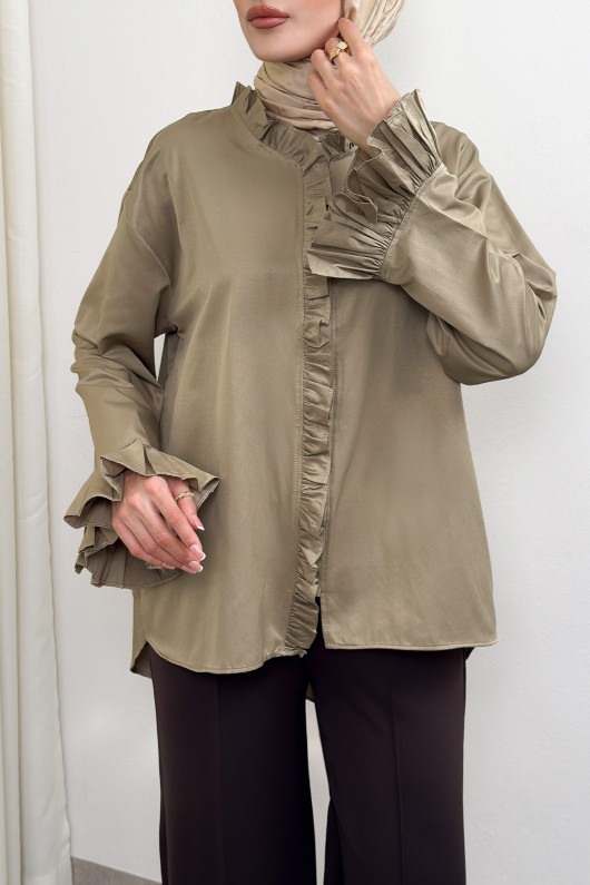 Fırfır Detaylı Oversize Gömlek 0057 - VİZON Fırfır Detaylı Oversize Gömlek 0057 - VİZON