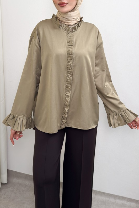 Fırfır Detaylı Oversize Gömlek 0057 - VİZON Fırfır Detaylı Oversize Gömlek 0057 - VİZON