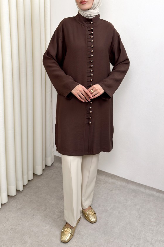 Hakim Yaka Düğme Detaylı Tunik 0058 - KAHVERENGİ
