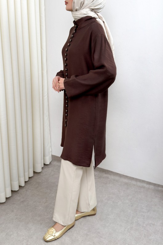 Hakim Yaka Düğme Detaylı Tunik 0058 - KAHVERENGİ