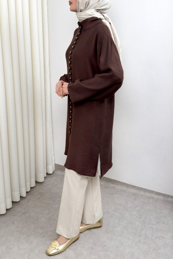 Hakim Yaka Düğme Detaylı Tunik 0058 - KAHVERENGİ