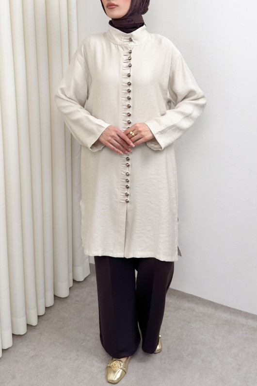 Hakim Yaka Düğme Detaylı Tunik 0058 - TAŞ RENGİ