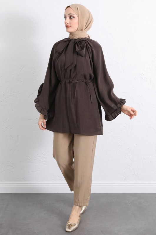 Yaka Bağlamalı Tunik Y0059 - KAHVERENGİ