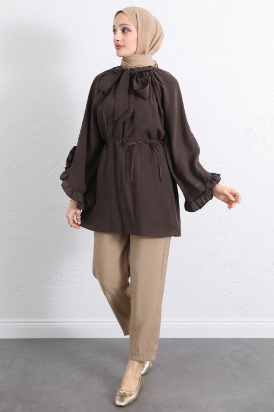 Yaka Bağlamalı Tunik Y0059 - KAHVERENGİ Yaka Bağlamalı Tunik Y0059 - KAHVERENGİ