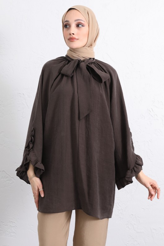 Yaka Bağlamalı Tunik Y0059 - KAHVERENGİ