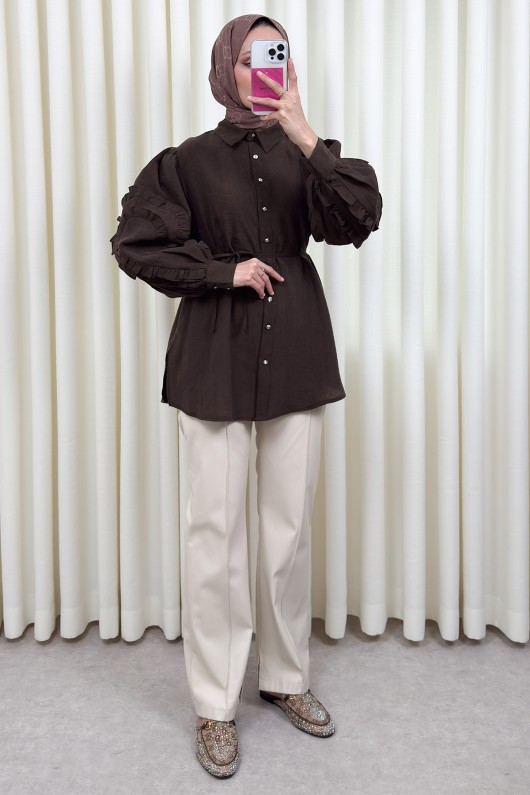 Fırfır Kol Detaylı Gömlek 0061 - KAHVERENGİ