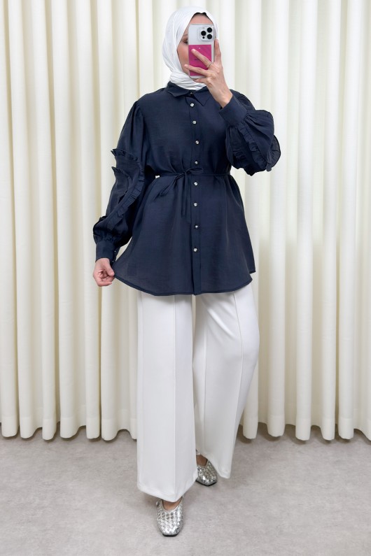 Fırfır Kol Detaylı Gömlek 0061 - LACİVERT