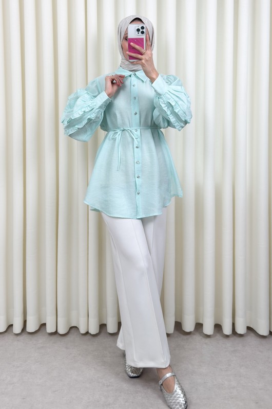 Fırfır Kol Detaylı Gömlek 0061 - MİNT YEŞİLİ
