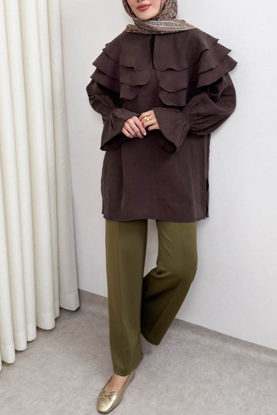 Katlı Yaka Tunik 0062 - KAHVERENGİ