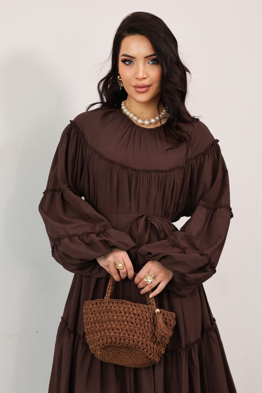 Katlı Fırfırlı Elbise 0063 - KAHVERENGİ