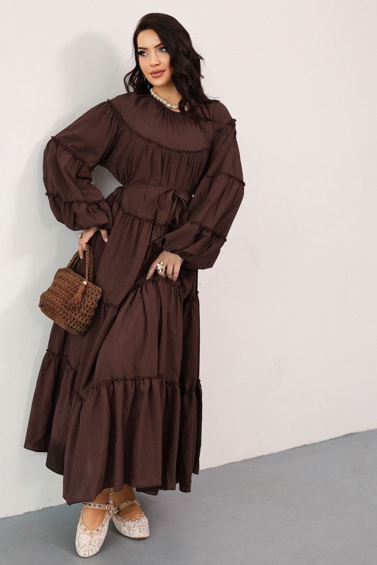 Katlı Fırfırlı Elbise 0063 - KAHVERENGİ
