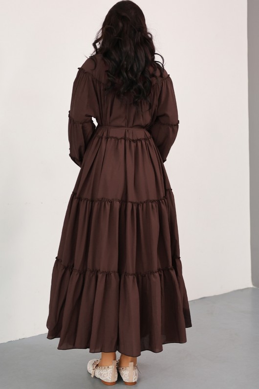 Katlı Fırfırlı Elbise 0063 - KAHVERENGİ