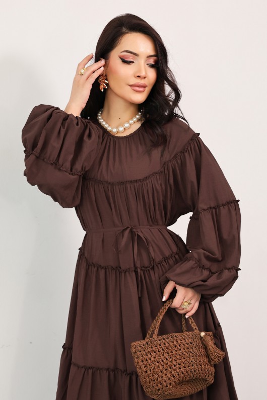 Katlı Fırfırlı Elbise 0063 - KAHVERENGİ