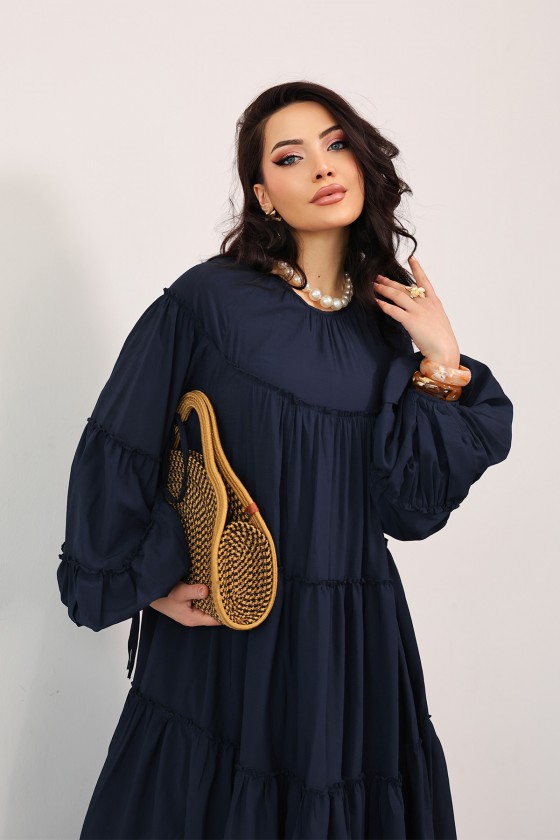 Katlı Fırfırlı Elbise 0063 - LACİVERT Katlı Fırfırlı Elbise 0063 - LACİVERT