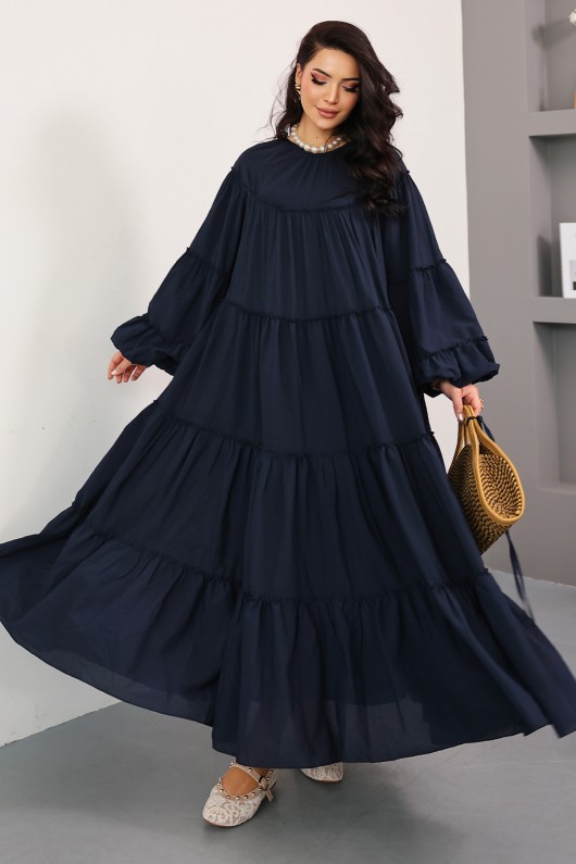 Katlı Fırfırlı Elbise 0063 - LACİVERT