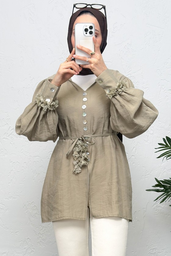 Çiçek Aksesuarlı Gömlek 0064 - HAKİ