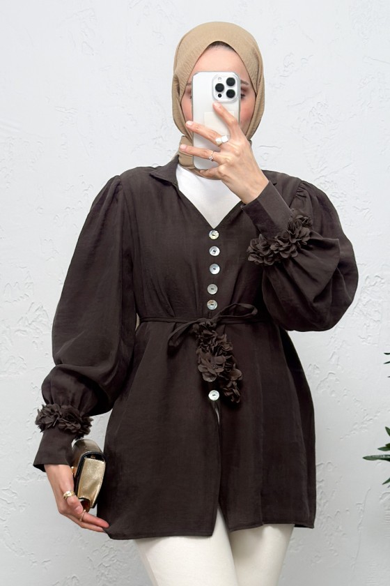 Çiçek Aksesuarlı Gömlek 0064 - KAHVERENGİ