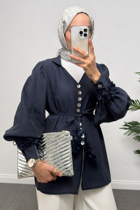 Çiçek Aksesuarlı Gömlek 0064 - LACİVERT Çiçek Aksesuarlı Gömlek 0064 - LACİVERT