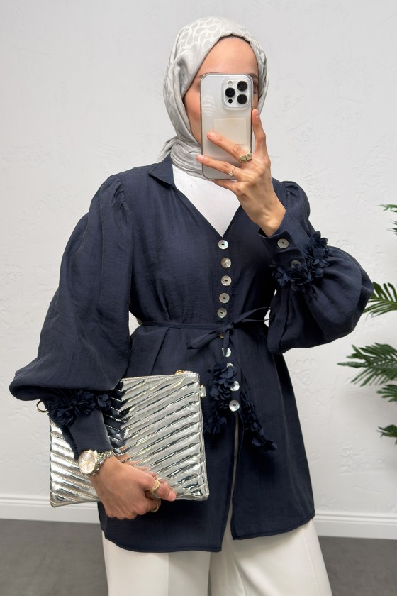 Çiçek Aksesuarlı Gömlek 0064 - LACİVERT