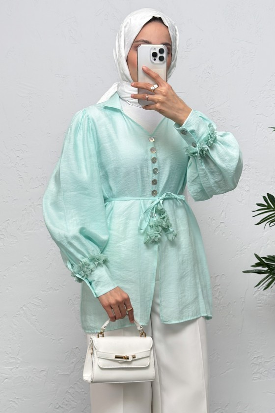 Çiçek Aksesuarlı Gömlek 0064 - MİNT YEŞİLİ