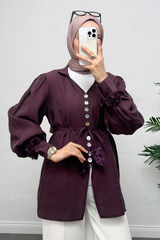 Çiçek Aksesuarlı Gömlek 0064 - MÜRDÜM Çiçek Aksesuarlı Gömlek 0064 - MÜRDÜM