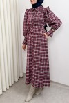 Kuşaklı Ekose Elbise 0066 - BORDO
