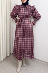 Kuşaklı Ekose Elbise 0066 - BORDO