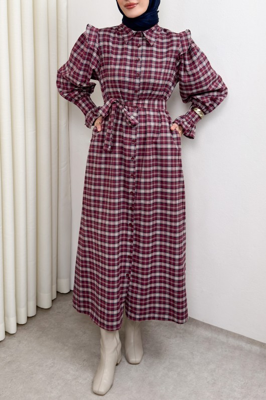 Kuşaklı Ekose Elbise 0066 - BORDO