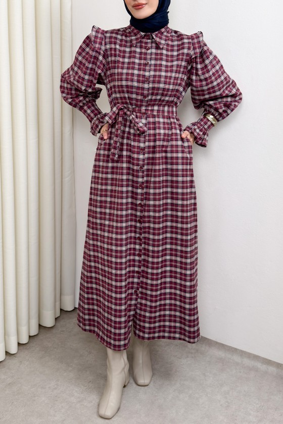 Kuşaklı Ekose Elbise 0066 - BORDO