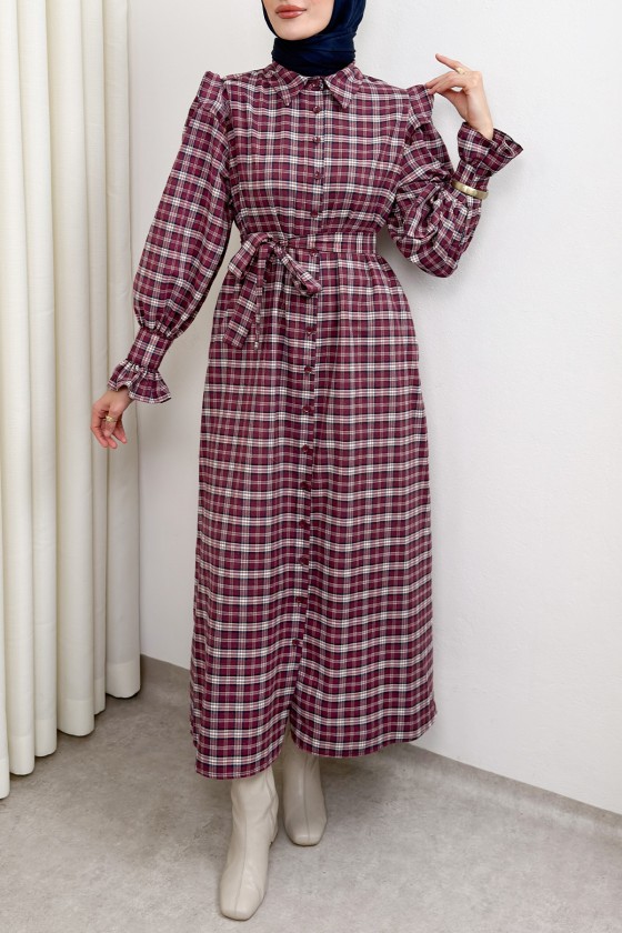 Kuşaklı Ekose Elbise 0066 - BORDO Kuşaklı Ekose Elbise 0066 - BORDO