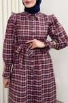 Kuşaklı Ekose Elbise 0066 - BORDO