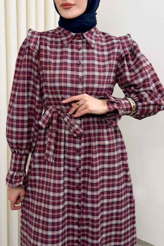 Kuşaklı Ekose Elbise 0066 - BORDO