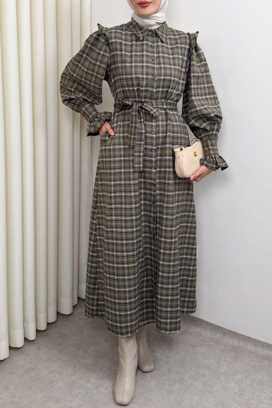 Kuşaklı Ekose Elbise 0066 - HAKİ