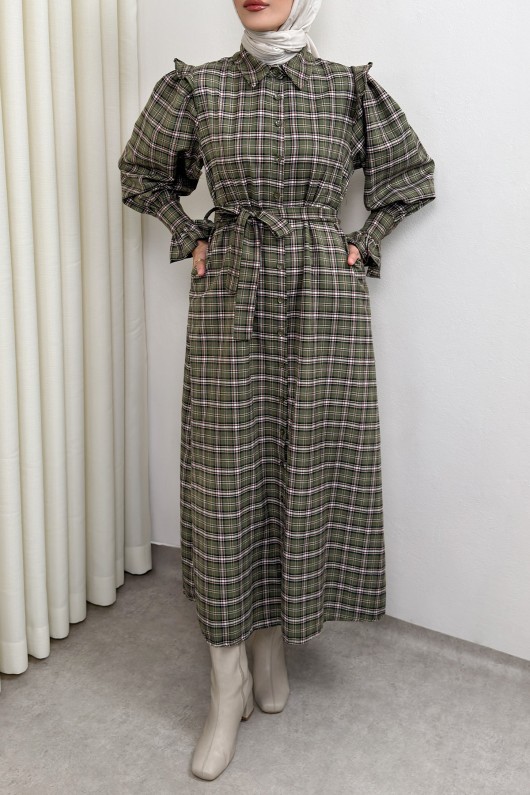 Kuşaklı Ekose Elbise 0066 - HAKİ