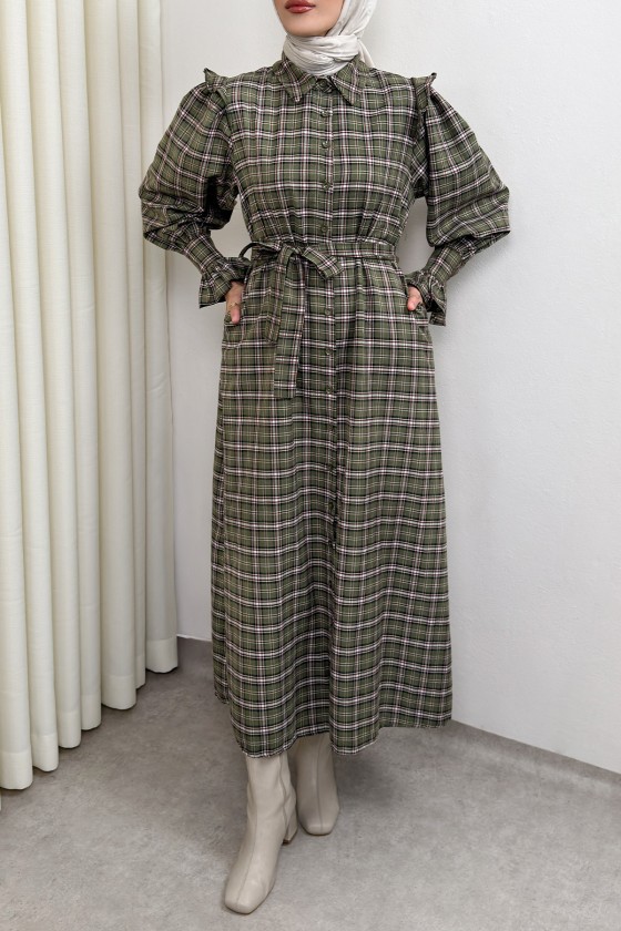 Kuşaklı Ekose Elbise 0066 - HAKİ Kuşaklı Ekose Elbise 0066 - HAKİ