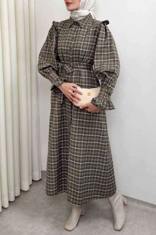 Kuşaklı Ekose Elbise 0066 - HAKİ