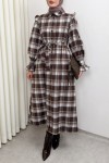 Kuşaklı Ekose Elbise 0066 - KAHVERENGİ